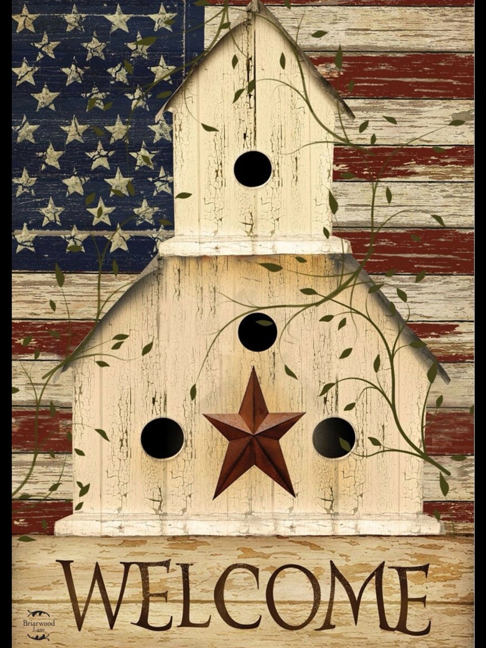 LARGE Premium House Flag Patriotic,Americana, Primitive Birdhouse w/Vines FLAG